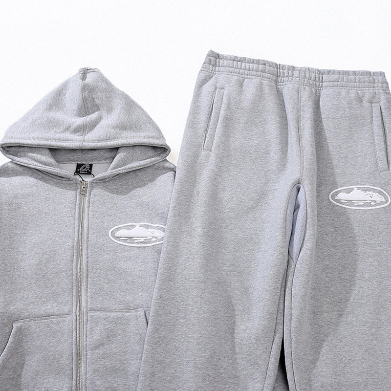 Conjunto Moletom Corteiz Logo Island Tee Cinza
